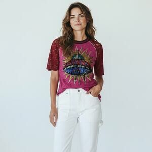 Gucci UFO Lace Sequin Embellished Pink T Shirt Top XS
